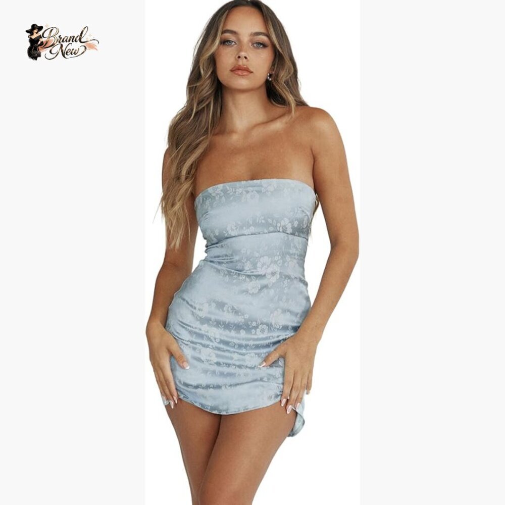 Strapless Bodycon Mini Dress, Silky Floral Print, Night Out